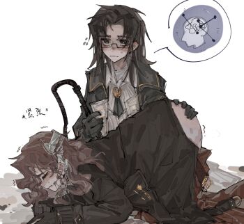 2girls all_fours bdsm belt black_coat black_gloves black_hair braces brown_hair brown_pants closed_eyes closed_mouth clothes_pull coat flying_sweatdrops gloves grabbing_another&#039;s_ass groping highres holding holding_whip long_hair long_sleeves multiple_girls open_belt pants pants_pull reverse:1999 ruge semi-rimless_eyewear shirt simple_background sweatdrop tooth_fairy_(reverse:1999) translation_request under-rim_eyewear white_background white_shirt yuri z_(reverse:1999)