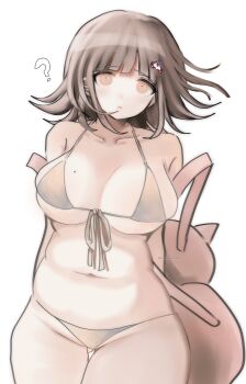 1girl ? animal_bag bare_shoulders bikini breasts brown_bikini brown_eyes brown_hair cat_bag cleavage cowboy_shot danganronpa_(series) danganronpa_2:_goodbye_despair gluteal_fold groin highres ikemen'na_ore-shi large_breasts medium_hair mole mole_on_breast nanami_chiaki navel pink_bag simple_background solo stomach swimsuit white_background