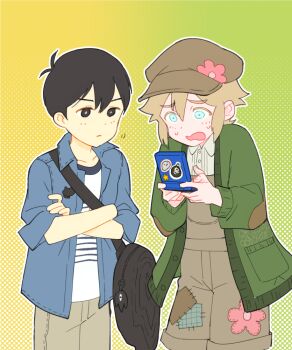 Rule 34 | 2boys, bag charm, basil (birthday) (omori), basil (faraway) (omori), basil (omori), black bag, black eyes, black hair, blonde hair, blue eyes, blue jacket, bright pupils, brown hat, brown overalls, cardigan, character bag, character charm, character sticker, charm (object), closed mouth, collarbone, collared jacket, collared shirt, commentary request, crossed arms, green cardigan, hair behind ear, handheld game console, hat, hector (omori), holding, holding handheld game console, jacket, karume ya ki, long sleeves, looking at another, male focus, mewo, multiple boys, newsboy cap, omori, open cardigan, open clothes, overall shorts, overalls, shirt, short-sleeved jacket, short sleeves, something (omori), sticker, sunny (birthday) (omori), sunny (omori), sweat, t-shirt, white pupils, white shirt
