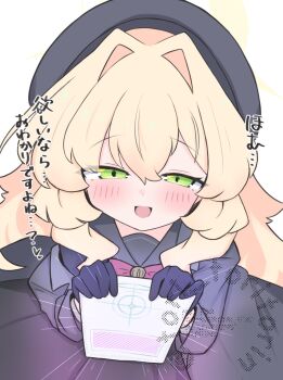 1girl :d beret black_gloves black_serafuku black_shirt black_skirt blonde_hair blue_archive blush bow commentary_request gloves green_eyes grey_hat grey_jacket grey_sailor_collar hair_between_eyes hair_intakes half-closed_eyes halo hat highres holding jacket kujou_karasuma long_hair open_clothes open_jacket open_mouth pleated_skirt professor_niyaniya_(blue_archive) red_bow sailor_collar school_uniform serafuku shirt simple_background skirt smile solo translation_request very_long_hair white_background