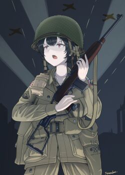 Rule 34 | 1girl, 82nd airborne, absurdres, ammunition pouch, artist name, battle of sicily, black hair, collarbone, combat helmet, commentary request, cowboy shot, fang, fingernails, green helmet, green jacket, green pants, gun, gun sling, helmet, highres, jacket, load bearing vest, long sleeves, m1 carbine, m1 helmet, medium hair, military, military combat uniform, military rank insignia, military uniform, night, open mouth, original, outdoors, pants, paratrooper, pouch, projectile trail, red eyes, revision, rifle, savankov, signature, silhouette, sky, united states army, weapon, world war ii