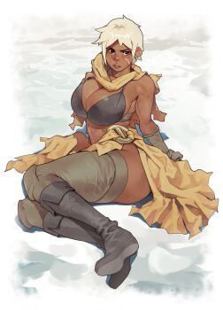 1girl absurdres bikini bikini_top_only black_boots boots breasts brown_eyes brown_lips cleavage commentary earrings english_commentary facial_scar full_body gloves grey_gloves highres huge_breasts jewelry knee_boots knee_pads leggings looking_at_viewer no_panties norasuko o-ring original pinup_(style) ramona_(the_prey) sarong scar scar_on_cheek scar_on_face scarf short_hair single_earring sitting solo swimsuit the_prey_(norasuko) thick_thighs thighs toned toned_female white_hair yellow_scarf yokozuwari