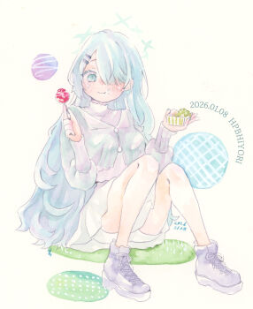 1girl blue_archive blue_eyes blue_hair buttons casual character_name commentary_request dated eating food food_on_face hair_ornament hair_over_one_eye hairclip happy_birthday highres hiyori_(blue_archive) holding holding_food knees_up long_hair long_sleeves looking_at_viewer shio_(tsumiki_asobi) shoes simple_background skirt smile solo white_background white_skirt