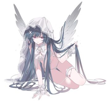 Rule 34 | 1girl, absurdres, arm support, beads, black hair, bow, bowtie, bra, choppy bangs, collared shirt, commentary, crop top, cross, detached collar, feathered wings, fingernails, frilled thigh strap, frilled wrist cuffs, frills, hair ornament, hair spread out, highres, holding, holding own hair, long fingernails, long hair, narrowed eyes, original, panties, ribbon as bra, shirt, sitting, skindentation, sleeveless, sleeveless shirt, solo, sparkle, stemiomio, thigh strap, underwear, veil, very long hair, white background, white bow, white bowtie, white bra, white nails, white panties, white veil, white wings, white wrist cuffs, wings, wrist cuffs, x hair ornament