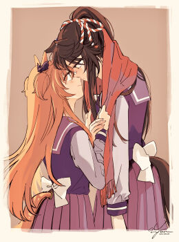 Rule 34 | 2girls, absurdres, animal ears, bandaid, bandaid on face, bandaid on nose, black hair, border, bow, closed mouth, clothes grab, clothing cutout, commentary request, cowboy shot, ear bow, eye contact, face-to-face, highres, horse ears, horse girl, horse tail, kouhaku nawa, long hair, long sleeves, looking at another, mayano top gun (umamusume), multiple girls, narita brian (umamusume), neckwear grab, orange hair, pleated skirt, ponytail, purple shirt, purple skirt, red scarf, rope, scarf, scarf grab, school uniform, shimenawa, shirt, signature, skirt, smile, tail, tail through clothes, tracen school uniform, two side up, umamusume, white border, winter uniform, yonu (yonurime), yuri