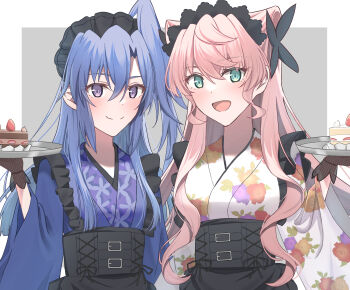 2girls apron blue_hair border breasts brown_gloves cake cake_slice closed_mouth double-parted_bangs floral_print food frilled_apron frills gloves green_eyes grey_background hair_between_eyes highres holding holding_plate japanese_clothes kazanari_tsubasa kimono large_breasts long_hair long_sleeves looking_at_viewer maid maid_apron maid_headdress maria_cadenzavna_eve multiple_girls open_mouth pink_hair plate purple_eyes reik_72 senki_zesshou_symphogear side_ponytail sidelocks simple_background small_breasts smile strawberry_shortcake two_side_up wa_maid white_border wide_sleeves
