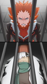 Rule 34 | 2boys, absurdres, angry, ascot, az (pokemon), beanie, beard, black jacket, blue eyes, clenched teeth, closed mouth, commentary request, facial hair, fur-trimmed jacket, fur trim, green scarf, hair over one eye, hat, highres, ichigo 15 36, jacket, long hair, long sleeves, male focus, multiple boys, nintendo, nostrils, orange hair, pokemon, pokemon xy, prison cell, red ascot, red hat, scarf, scowl, short hair, team flare, teeth, v-shaped eyebrows