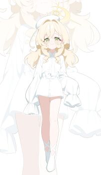 1girl :3 absurdres alternate_costume blonde_hair blue_archive dress fluffy_hair full_body green_eyes halo hat highres honi_(honi1010) long_sleeves professor_niyaniya_(blue_archive) side_ahoge sleeves_past_fingers sleeves_past_wrists solo white_dress white_hat yellow_halo