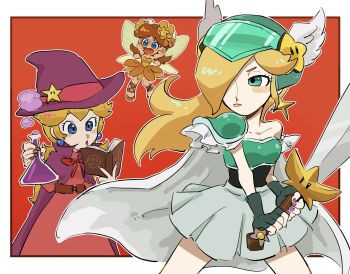 3girls armor beaker blonde_hair blue_hair blush_stickers book brown_hair cape collarbone dress earrings fairy fairy_wings fingerless_gloves flower flower_on_head gloves hat helmet highres jewelry mario_(series) mimimim9999 multiple_girls nintendo pauldrons potion pout princess_daisy princess_peach red_background rosalina shoulder_armor skirt sword weapon wings witch witch_hat