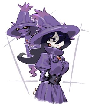 1girl black_corset black_hair breasts corset cosplay dress earrings gen_4_pokemon hair_between_eyes hat hex_maniac_(pokemon) hex_maniac_(pokemon_legends:_z-a) jewelry juliet_sleeves long_hair long_sleeves medium_breasts mismagius mismagius_(cosplay) nintendo pearl_earrings pokemon pokemon_(creature) pokemon_legends:_z-a puffy_sleeves purple_dress purple_eyes purple_hat purple_ribbon raine_(acke2445) ribbon sphere_earrings witch_hat