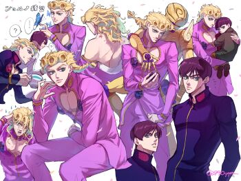 ... 4boys 990qqo ? birthmark black_hair blonde_hair blue_eyes bob_cut braid bruno_bucciarati bug butterfly butterfly_on_hand carrying carrying_person child cleavage_cutout clothing_cutout commentary_request cup dio_brando's_pose earrings giorno_giovanna gold_experience grin hair_down hair_ornament hand_in_own_hair haruno_shiobana highres insect invisible_chair jacket jewelry joestar_birthmark jojo_no_kimyou_na_bouken jojo_pose long_hair long_sleeves looking_to_the_side male_focus multiple_boys multiple_persona multiple_views pectoral_cleavage pectorals petals short_hair sitting smile spoken_ellipsis spoken_question_mark stand_(jojo) stud_earrings teacup time_paradox twitter_username vento_aureo wet wet_hair