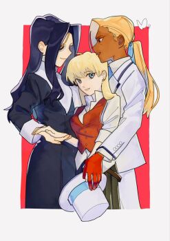 3girls black_hair blonde_hair blue_eyes bug butterfly closed_mouth commentary_request cowboy_shot curtained_hair dark-skinned_female dark_skin eyepatch fate/strange_fake fate_(series) flat_escardos formal_clothes genderswap genderswap_(mtf) gloves hansa_cervantes hat high_collar highres holding holding_hands holding_unworn_clothes holding_unworn_hat insect lapels light_smile long_hair long_sleeves looking_at_another looking_at_viewer mogimogichans multiple_girls parted_lips peaked_lapels puritan_collar red_eyes red_gloves red_vest shirt smile suit top_hat unworn_hat unworn_headwear van-fem vest white_shirt white_suit