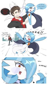 Rule 34 | > <, 1boy, 1girl, 3koma, absurdres, against glass, alternate color, arms up, artist self-insert, black cape, black footwear, black jacket, blue hair, blue skin, blush, bob cut, brown hair, cape, carrying, carrying person, cheek press, cheek squash, closed eyes, clothed pokemon, colored skin, comic, emphasis lines, english text, flat chest, fourth wall, gardevoir, gen 3 pokemon, green eyes, grin, hair over one eye, happy, highres, hood, hood down, hooded sweater, jacket, leg up, light blush, long sleeves, looking at viewer, motion lines, mr. death, multicolored skin, multiple views, nervous, nintendo, one eye closed, one eye covered, open clothes, open jacket, open mouth, orange eyes, outdoors, outstretched arms, own hands together, pokemon, pokemon (creature), poking, raised eyebrows, red sweater, shiny pokemon, shirt, shoes, short hair, smile, speech bubble, spread arms, standing, standing on one leg, sweater, talking, teeth, throwing, throwing person, two-tone skin, v arms, watermark, white background, white shirt, white skin