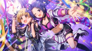 2girls :d ahoge black_choker black_socks blonde_hair blue_hair blush breasts choker closed_mouth commentary_request concert cropped_jacket fukuda_noriko game_cg half-skirt heart heart_choker holding_hands idolmaster idolmaster_(classic) idolmaster_million_live! idolmaster_million_live!_theater_days large_breasts midriff miura_azusa multiple_girls navel official_alternate_costume official_art one_eye_closed open_mouth outstretched_arm outstretched_hand pleated_skirt purple_eyes shoes short_hair side-by-side skirt smile sneakers socks stage standing standing_on_one_leg third-party_source yellow_eyes