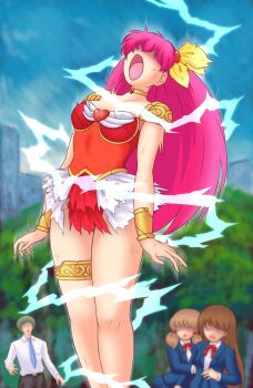 1boy 3girls ai_tenshi_densetsu_wedding_peach building cupsoup defeat destroyed_clothing electrocution hanasaki_momoko highres hikami_kyouko lightning magical_girl multiple_girls no_eyes open_mouth outdoors pain park ryona salaryman school_uniform screaming skirt torn_clothes torn_skirt