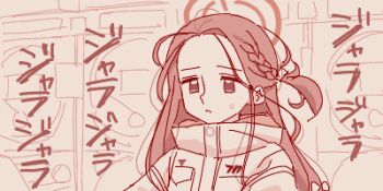 Rule 34 | 1girl, blue archive, braid, closed mouth, forehead, gambling, halo, high collar, hood, hood down, hooded coat, imageboard colors, long hair, looking ahead, lowres, maibotsumou, monochrome, oekaki, one side up, pachinko, red theme, side braid, solo, sweatdrop, translation request, upper body, yuzu (blue archive)