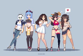 2b_(nier:automata) 5girls ahoge arms_behind_head arms_up artist_name bandaid bandaid_on_leg bare_shoulders barefoot beidou_(genshin_impact) black_panties blue_hair bouncing_breasts braid breasts brown_hair choker cleavage_cutout clothes_lift clothing_cutout crop_top cropped_jacket crossover dancing denim dress eyepatch full_body ganyu_(genshin_impact) genshin_impact goat_horns green_eyes grey_background groin hair_flip hair_ornament hair_over_one_eye hair_over_shoulder hair_stick hairband heart holding holding_microphone horns jeans large_breasts legs_apart leotard leotard_under_clothes lifting_own_clothes lineup long_hair long_sleeves looking_at_viewer lowleg lowleg_pants microphone midriff multi-strapped_panties multicolored_hair multiple_girls music natalya_musica navel nier:automata nier_(series) no_blindfold no_panties off-shoulder_dress off-shoulder_sweater off_shoulder original panties pants pixel_art purple_eyes real_life red_hair red_panties shoes short_hair sim0n404 simple_background singing single_thighhigh skirt skirt_lift sneakers spoken_heart standing streaked_hair sweater tan thigh_strap thighhighs underwear white_dress white_hair white_leotard wide_sleeves