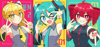 Rule 34 | > o, 3girls, ;d, ahoge, akita neru, aqua background, aqua hair, aqua nails, aqua necktie, aqua trim, black sleeves, blonde hair, breast pocket, bright pupils, commentary request, detached sleeves, double v, drill hair, grey shirt, grey sleeves, grin, hatsune miku, highres, kasane teto, kasane teto (utau), looking at viewer, multiple girls, necktie, one eye closed, open mouth, pink background, pink eyes, pink hair, pink nails, pink trim, pocket, shirt, side ponytail, sleeveless, sleeveless shirt, smile, tahanaexx, triple baka (vocaloid), twin drills, twintails, upper body, utau, v, v over eye, vocaloid, white pupils, yellow background, yellow eyes, yellow nails, yellow necktie, yellow trim