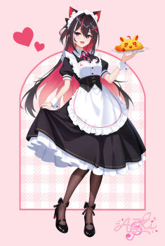 1girl absurdres alternate_costume animal_ears apron azki_(hololive) black_dress black_hair black_shoes braid cat_ears character_name colored_inner_hair commentary_request double-parted_bangs dress enmaided food frilled_apron frilled_dress frills full_body hair_intakes half_up_half_down_braid high_heels highres holding holding_plate hololive long_hair looking_at_viewer maid maid_headdress mole mole_under_eye multicolored_hair omelet omurice open_mouth pink_hair plate puffy_short_sleeves puffy_sleeves purple_eyes shoes short_sleeves sidelocks skirt_hold solo strappy_heels streaked_hair telu_(teluscarlet) very_long_hair virtual_youtuber white_apron white_hair white_wrist_cuffs wrist_cuffs
