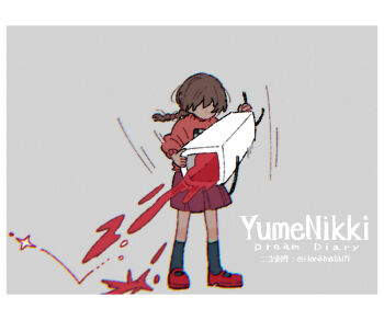 1girl ambiguous_red_liquid black_socks border braid brown_hair commentary_request copyright_name full_body grey_background madotsuki pink_sweater pleated_skirt purple_skirt red_shoes security_camera shoes short_hair simple_background skirt socks solo sweater tamanoha_(cookware) twin_braids twitter_username vomiting watermark yume_nikki yume_nikki_dream_diary