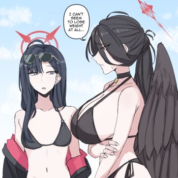 2girls bikini black_bikini black_hair black_wings blue_archive breasts english_text eyewear_on_head feathered_wings hair_between_eyes halo hasumi_(blue_archive) hasumi_(swimsuit)_(blue_archive) highleg highleg_bikini highres huge_breasts ichika_(blue_archive) ichika_(swimsuit)_(blue_archive) long_hair_between_eyes loosely_tucked_bangs low_wings maven_(madeinheaven_23) medium_breasts multiple_girls o-ring o-ring_bikini o-ring_top official_alternate_costume official_alternate_hairstyle ponytail red_halo side-tie_bikini_bottom speech_bubble sunglasses swimsuit wings