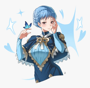 1girl blue_capelet blue_dress blue_hair blush braid breasts brown_eyes bug butterfly capelet closed_mouth cropped_torso crown_braid dress fire_emblem fire_emblem:_three_houses heart highres insect long_sleeves marianne_von_edmund marianne_von_edmund_(timeskip) medium_breasts nintendo solo star_(symbol) zedoraart