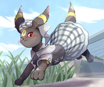 Rule 34 | animal, animal focus, black eyes, blush, closed mouth, colored sclera, dress, gen 2 pokemon, grass, hat, illustrattyako, nintendo, no humans, pokemon, pokemon (creature), pokemon unite, red sclera, running, solo, umbreon, umbreon (checkered)
