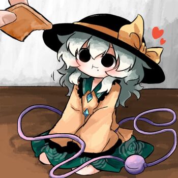 1girl 1other black_eyes black_hat bow buttons cookie crumbs diamond_button eating eyeball feeding floral_print food frilled_shirt_collar frilled_sleeves frills green_hair green_skirt hat hat_bow hat_ribbon heart heripantomorrow kneeling komeiji_koishi mini_person minigirl ribbon rose_print shirt skirt sleeves_past_wrists third_eye touhou wide_sleeves yellow_bow yellow_ribbon yellow_shirt