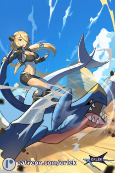 1girl alternate_costume artist_name bikini bikini_top_only blonde_hair boots breasts cleavage closed_mouth cloud commentary cynthia_(pokemon) day floating_hair garchomp gen_4_pokemon glint hair_over_one_eye holding long_hair long_sleeves nintendo orlek outdoors patreon_logo poke_ball poke_ball_(basic) pokemon pokemon_(creature) pokemon_dppt riding riding_pokemon skirt sky smile swimsuit watermark web_address zipper