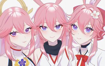 Rule 34 | 3girls, animal ears, aoiabyss, blue eyes, commentary, evanescia (honkai: star rail), flower, fox ears, fox girl, genshin impact, hair between eyes, hair flower, hair ornament, highres, honkai: star rail, honkai (series), honkai impact 3rd, japanese clothes, long hair, looking at viewer, mihoyo, multiple girls, pink hair, purple eyes, sakura ayane, shirt, sidelocks, smile, spanish commentary, voice actor connection, white flower, white shirt, yae miko, yae sakura