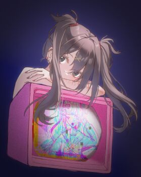 ame-chan_(needy_girl_overdose) black_eyes blue_background blurry_border chouzetsusaikawa_tenshi-chan crossed_arms crt earrings glowing hair_flowing_over hair_ornament haze highres jewelry koharustuki leaning_on_object leaning_on_self long_sidelocks looking_at_viewer needy_girl_overdose nude self-harm_scar short_twintails sidelocks static stud_earrings television twintails upper_body wrist_cuffs x_hair_ornament