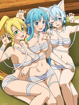 3girls animal_ears asuna_(sao) asuna_(sao-alo) bandage_on_hair bandaged_arm bandaged_chest bandaged_leg bandaged_neck bandages blonde_hair blue_eyes blue_hair cat_ears claw_pose green_eyes halloween halloween_costume highres leafa_(sao) long_hair looking_at_viewer multiple_girls mysteryctu naked_bandage navel no_bra no_panties open_mouth paw_pose sinon sinon_(sao-alo) sword_art_online