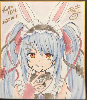 1girl :q absurdres animal_ear_fluff animal_ears black_bow black_collar black_hairband black_nails blue_hair bow carrot_hair_ornament closed_mouth collar commentary_request dated food-themed_hair_ornament frilled_hairband frills hair_between_eyes hair_ornament hairband hairclip hand_to_own_mouth hand_up highres hololive kiritoma long_hair looking_at_viewer nail_polish photo_(medium) rabbit-shaped_pupils rabbit_ears rabbit_hair_ornament red_eyes shikishi short_eyebrows smile solo symbol-shaped_pupils thick_eyebrows tongue tongue_out traditional_media twintails upper_body usada_pekora usada_pekora_(11th_costume) v-shaped_eyebrows virtual_youtuber x_hair_ornament