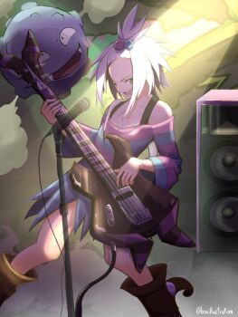 1girl bare_shoulders bass_guitar black_boots bo_(bouillustration) boots cable collarbone commentary_request dress fangs floating forehead gas gen_1_pokemon green_eyes hair_bobbles hair_ornament highres holding holding_bass_guitar holding_instrument instrument koffing long_sleeves microphone microphone_stand music nintendo open_mouth playing_bass_guitar playing_instrument pokemon pokemon_(creature) pokemon_bw2 roxie_(pokemon) short_hair smile speaker spotlight striped_clothes striped_dress teeth topknot two-tone_dress v-shaped_eyebrows white_hair