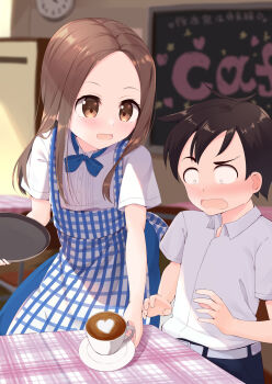 Rule 34 | 1boy, 1girl, apron, blue ribbon, blurry, blurry background, blush, brown eyes, brown hair, cafe, checkered apron, checkered clothes, commission, cup, disposable coffee cup, disposable cup, forehead, gingham apron, gingham clothes, highres, karakai jouzu no takagi-san, latte art, long hair, nishikata, open mouth, patterned clothing, pixiv commission, ribbon, school uniform, shirt, short hair, short sleeves, smile, table, tablecloth, takagi-san, wari (nirodo26), white shirt