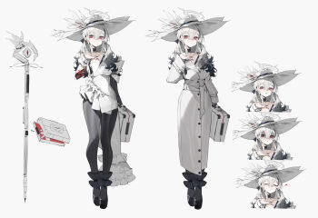 1girl absurdres arm_up bai_yao_(user_ygua7252) black_gloves black_hair black_nails black_pantyhose black_shoes breasts chinese_commentary cleavage closed_mouth coat collarbone commentary_request dress elbow_gloves frilled_wristband full_body gloves gradient_hair hair_between_eyes hair_over_shoulder halo hat highres holding holding_suitcase large_breasts long_hair long_sidelocks looking_at_viewer multicolored_hair multiple_expressions multiple_views open_mouth original pantyhose red_eyes reference_sheet shoes sidelocks single_elbow_glove solo suitcase two-tone_hair white_coat white_dress white_hair white_halo white_hat