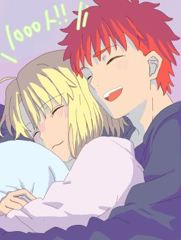 1boy 1girl ahoge artoria_pendragon_(fate) aruremo1129 blonde_hair blush commentary_request couple cuddling emiya_shirou fate/stay_night fate_(series) highres hug hug_from_behind red_hair saber_(fate) upper_body