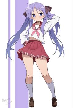 1girl blue_eyes bow brown_bow brown_shoes closed_mouth collarbone commentary cowlick dot_nose double_horizontal_stripe hair_between_eyes hair_bow hand_in_own_hair hand_on_own_hip highres hiiragi_kagami light_blush loafers long_hair long_sleeves looking_at_viewer lucky_star midriff_peek miniskirt nagare_(flow) neckerchief pink_neckerchief pleated_skirt purple_background purple_hair red_sailor_collar red_skirt ryouou_school_uniform sailor_collar school_uniform serafuku shirt shoes sidelocks simple_background skindentation skirt smile socks solo split_mouth standing straight_hair twintails twitter_username two-tone_background very_long_hair white_background white_shirt white_socks