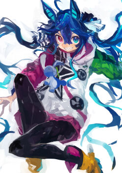 1girl absurdres ahoge animal_ears aqua_hair black_pantyhose blue_eyes blue_hair boots commentary grin hair_between_eyes hair_ribbon heterochromia highres horse_ears horse_girl jacket kaamin_(mariarose753) long_hair long_sleeves looking_at_viewer multicolored_hair pantyhose red_eyes ribbon sharp_teeth sidelocks smile solo teeth twin_turbo_(blast_mode!_turbo_engine)_(umamusume) twin_turbo_(umamusume) umamusume very_long_hair white_ribbon