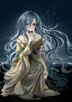 1girl 37_(reverse:1999) absurdres ancient_greek_clothes armlet bare_shoulders blue_eyes blue_hair closed_mouth gold_choker greco-roman_clothes hair_between_eyes hand_up highres jewelry kk_kekong long_hair looking_at_viewer night night_sky ocean off_shoulder outdoors reverse:1999 sky smile solo toga very_long_hair wading