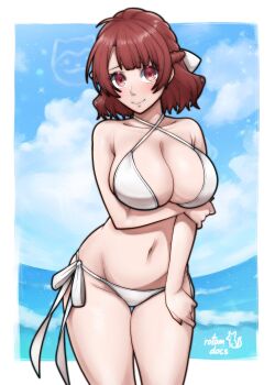 1girl absurdres arm_on_thigh arm_under_breasts artist_name bare_arms bare_shoulders bikini blue_lock blue_sky blush breasts cleavage cloud commentary commission cowboy_shot criss-cross_halter english_commentary halterneck highres huge_breasts ko-fi_commission navel nervous_smile ocean red_eyes red_hair rotomdocs side-tie_bikini_bottom signature sky smile solo standing stomach swimsuit teieri_anri white_bikini