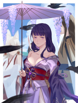 1boy 3girls absurdres back_bow bare_shoulders bird black_bird blue_sky blunt_bangs blurry blurry_background bow breasts chiyo_(genshin_impact) cleavage cloud cloudy_sky coat collarbone crow electro_symbol_(genshin_impact) faceless faceless_female faceless_male flower bad_tag from_side genshin_impact gradient_hair highres holding holding_umbrella japanese_clothes kimono kitsune_saiguu large_breasts long_hair looking_to_the_side mitsudomoe_(shape) mole mole_under_eye multicolored_hair multiple_girls off_shoulder oil-paper_umbrella open_clothes open_coat outdoors parted_lips purple_eyes purple_hair purple_kimono raiden_shogun red_sash sabergoetia sasayuri_(genshin_impact) sash shade side_slit sky solo_focus standing thighs tomoe_(symbol) umbrella upper_body wide_sleeves wisteria