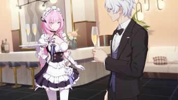 1boy 1girl absurdres alcohol alternate_costume apron bad_source bar_(place) black_bow black_bowtie black_jacket black_pants blue_eyes book bow bowtie breasts chair champagne champagne_flute chinese_commentary cleavage closed_mouth collared_shirt commentary_request couch cup dress drinking_glass elf elysia_(honkai_impact) elysia_(miss_pink)_(honkai_impact) elysia_(miss_pink_elf)_(honkai_impact) enmaided formal_clothes frilled_dress frills gloves grey_vest highres holding holding_cup honkai_(series) honkai_impact_3rd indoors jacket kevin_kaslana long_hair long_sleeves looking_at_another maid maid_apron maid_headdress official_art official_wallpaper pants pink_hair pointy_ears shirt smile thighhighs vest white_gloves white_hair white_shirt white_thighhighs