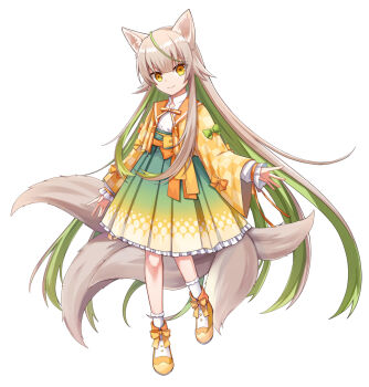 1girl ahoge animal_ears colored_inner_hair commentary_request fox_ears fox_girl fox_tail full_body green_hair grey_hair high-waist_skirt highres indie_virtual_youtuber jacket kitsune long_hair medium_skirt multicolored_hair multiple_tails orange_eyes orange_jacket orange_sailor_collar orange_shoes pleated_skirt sailor_collar samon_shana samon_shana_(vtuber) shoes skirt smile socks solo tail two-tone_hair very_long_hair white_socks wide_sleeves