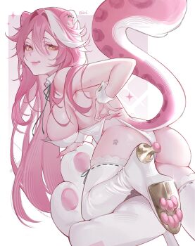 1girl adjusting_clothes adjusting_leotard animal_ear_piercing animal_ears animal_hands artist_name ass ass_tattoo barbell_piercing bare_shoulders black_ribbon blush breasts cat_paws closed_mouth collar commentary detached_collar ear_piercing eivi_002 eyeshadow fingernails hair_intakes high_heels highres hololive hololive_english industrial_piercing large_breasts leotard long_fingernails long_hair looking_back makeup mole mole_on_arm multicolored_hair nail_polish neck_ribbon panther_ears panther_girl panther_tail paw_print paw_shoes paw_tattoo piercing pink_background pink_eyeshadow pink_hair pink_lips pink_nails pink_tail raora_panthera ribbon smile solo sparkle streaked_hair tail tattoo thighhighs thighs tongue tongue_out two-tone_hair virtual_youtuber white_background white_collar white_leotard white_thighhighs white_wrist_cuffs wrist_cuffs yellow_eyes