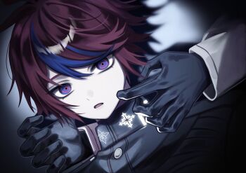 2boys aotsuki_eito black_gloves black_jacket black_streaks blue_eyes bori_044 commentary gakuran gloves highres jacket last_defense_academy_school_uniform looking_at_viewer male_focus multicolored_hair multiple_boys out_of_frame parted_lips portrait reaching reaching_towards_another red_hair ringed_eyes school_uniform shadow short_hair solo_focus streaked_hair sumino_takumi the_hundred_line_-last_defense_academy-