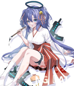 1girl alternate_costume asobineko_(neko_irastonyan) blue_archive blue_eyes blush breasts bullet calligraphy_brush cleavage collarbone commentary_request full_body gun hair_between_eyes halo holding holding_brush ink japanese_clothes large_breasts long_hair long_sleeves looking_at_viewer mechanical_halo miko nontraditional_miko open_mouth paintbrush pleated_skirt purple_hair red_skirt sig_mpx simple_background skirt socks solo submachine_gun thigh_strap two_side_up very_long_hair weapon white_background white_socks yuuka_(blue_archive)