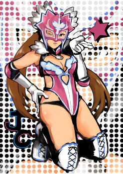 1girl boots breasts brown_hair cleavage double_arble highres jaycee_(tekken) julia_chang large_breasts leotard long_hair looking_at_viewer luchador_mask mask namco one_eye_closed star_(symbol) tekken thighs twintails white_boots wink wrestler
