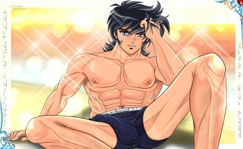 Rule 34 | 1boy, absurdres, bad source, bara, black hair, blue boxer briefs, blue male underwear, body hair, boxer briefs, bulge, highres, lseraphim, male focus, nipples, male underwear, muscular, muscular arms, muscular legs, muscular male, navel, pectorals, purple eyes, ryou, sanada ryou, self-upload, underwear, yaoi, yoroiden samurai troopers