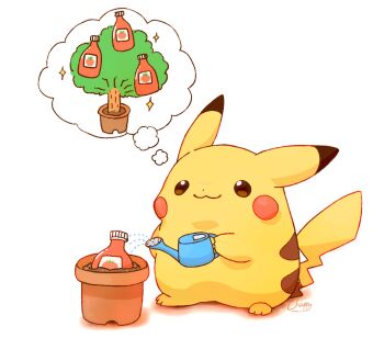 :3 artist_name brown_eyes closed_mouth commentary dirt flower_pot full_body gen_1_pokemon highres holding holding_watering_can imagining ketchup_bottle mimix nintendo no_humans pikachu pokemon pokemon_(creature) signature simple_background smile speech_bubble standing thought_bubble tree water watering watering_can white_background